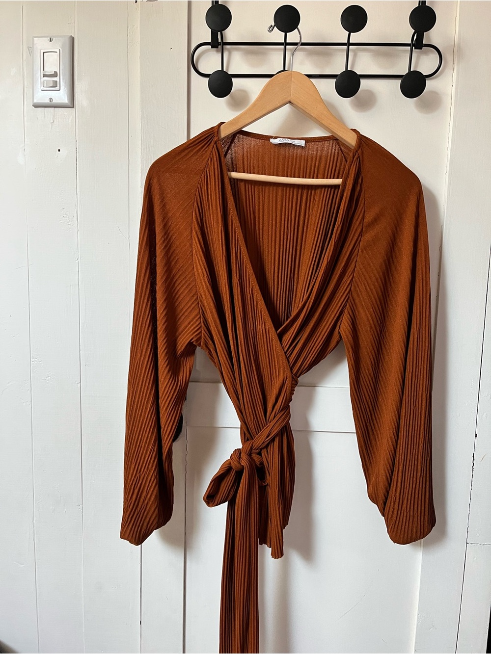 Zara Wrap Top in Rust Brown - Long Sleeve Tie Front
